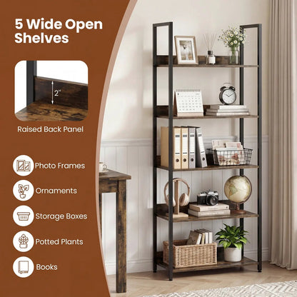 5-Tier Bookshelf Tall Wooden Open Bookcase