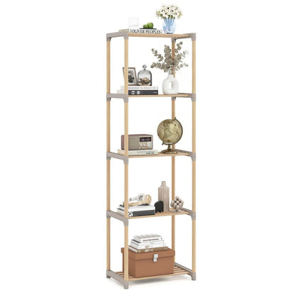 5-Tier Pine Wood Bookshelf with Open Shelves