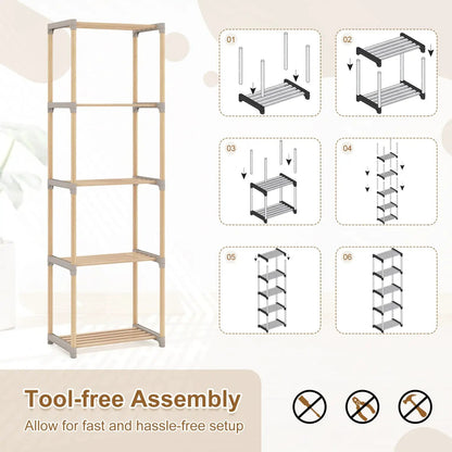 5-Tier Pine Wood Bookshelf with Open Shelves