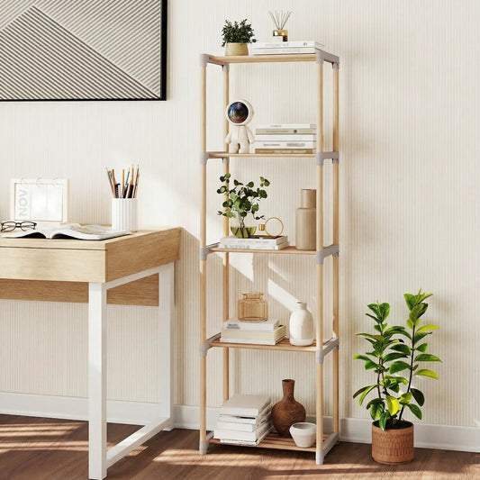 5-Tier pine wood bookshelf with open shelves in natural finish, displaying books and plants on Tampa Home & Garden Store
