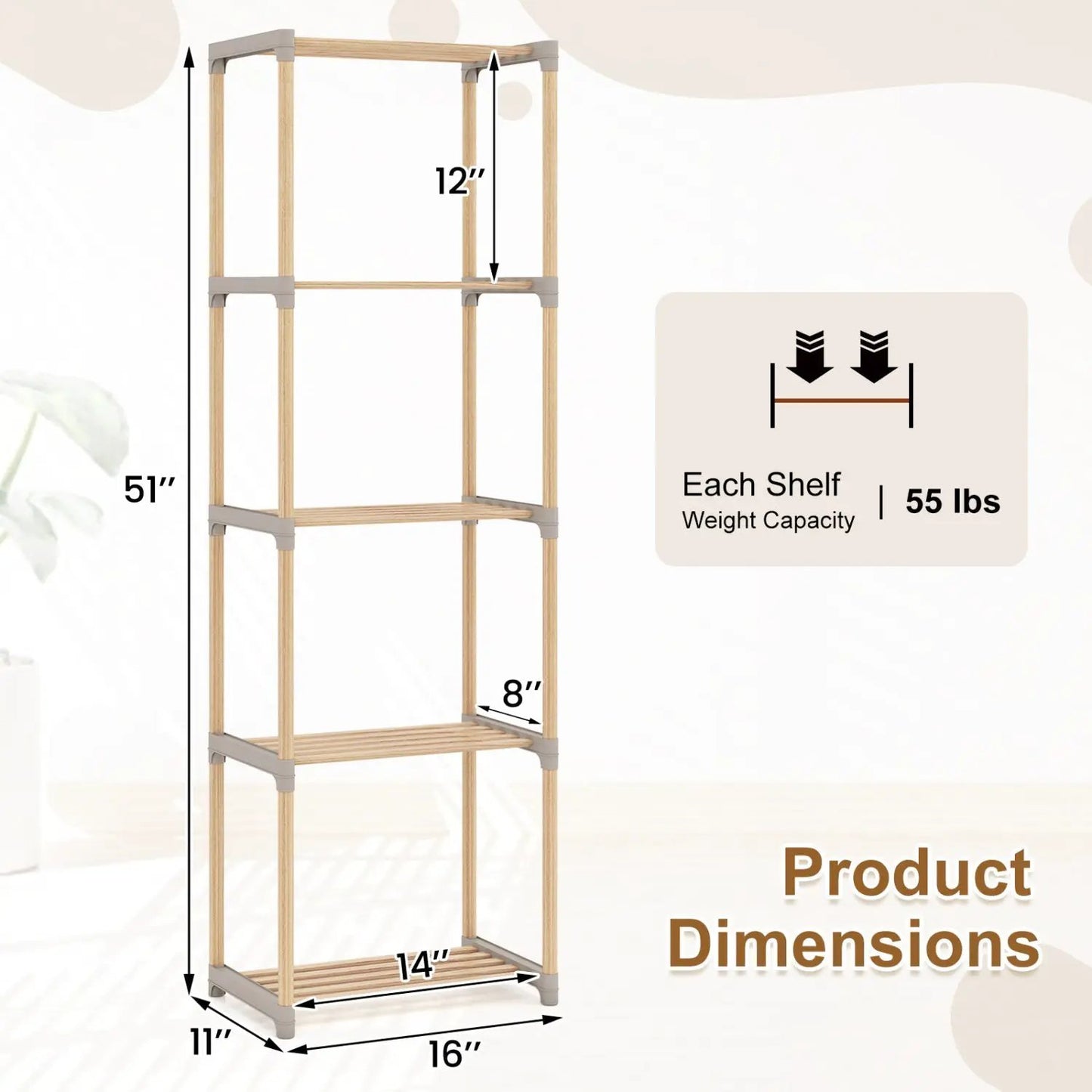 5-Tier Pine Wood Bookshelf with Open Shelves