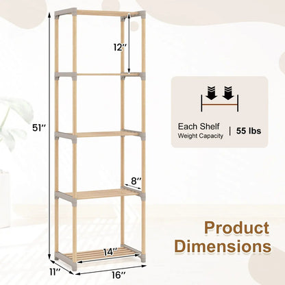 5-Tier Pine Wood Bookshelf with Open Shelves