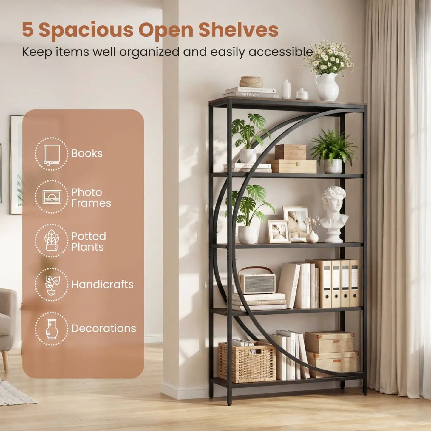 5-Tier Bookshelf with Half-Moon Shape for Living Room and Home Office