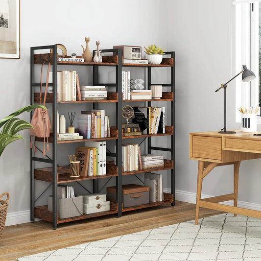 5-Tier Rustic Bookshelf with 4 Hooks, black metal frame and brown wood shelves DirectDeals on Tampa Home & Garden Store