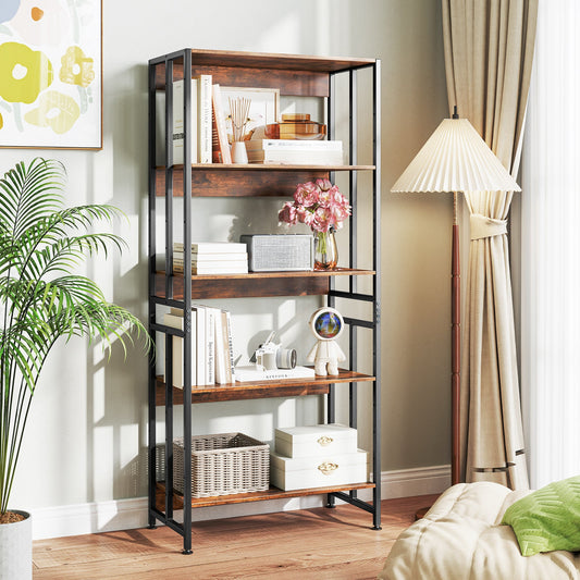5-Tier Bookshelf with Adjustable and Tiltable Shelves-Rustic Brown - Tampa Home & Garden Store