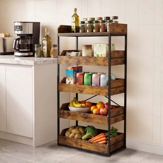 5-Tier Rustic Brown Food Storage Rack by DirectDeals with pull-out drawers, wood shelves on a black metal frame for jars and produce on Tampa Home & Garden Store