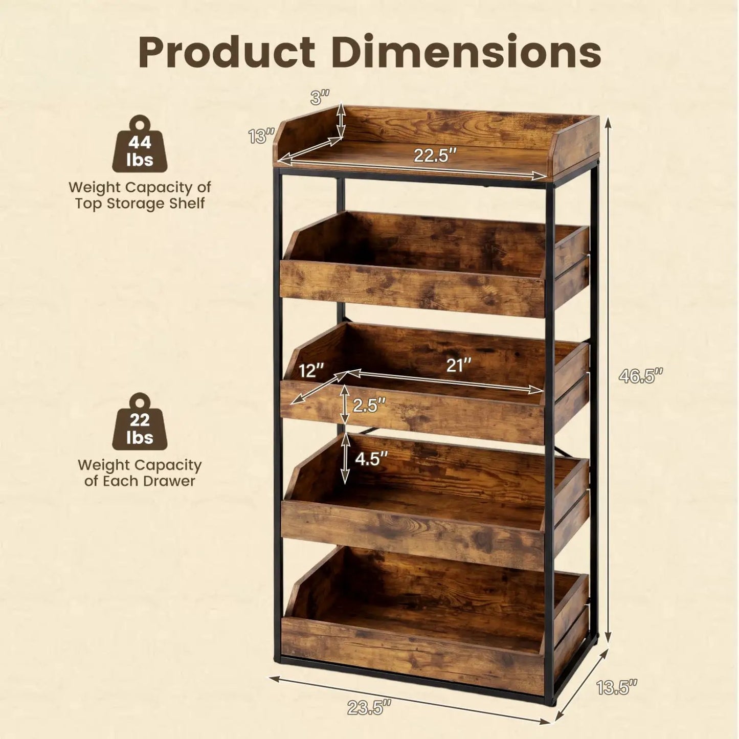 Five Tier Food Storage Rack with Pull Out Drawers