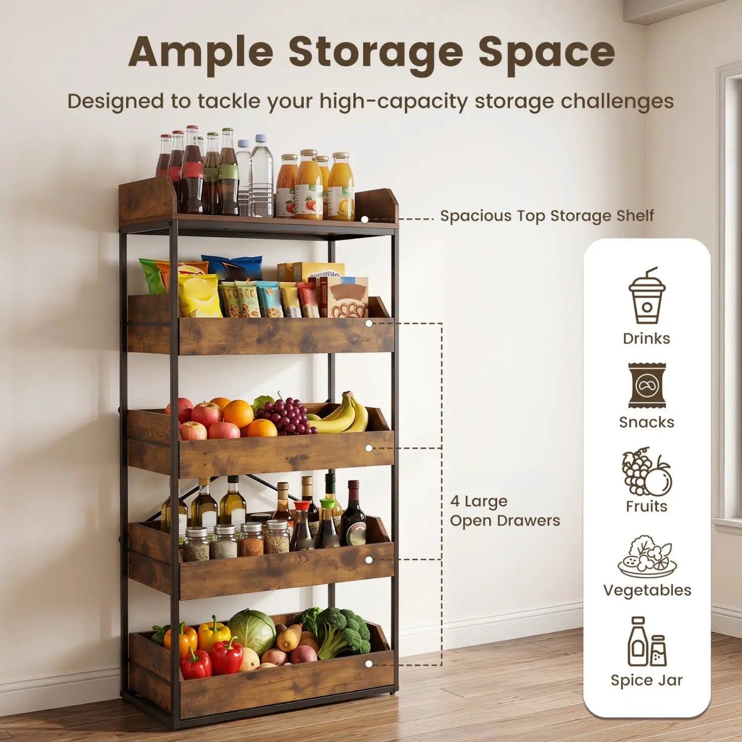 Five Tier Food Storage Rack with Pull Out Drawers