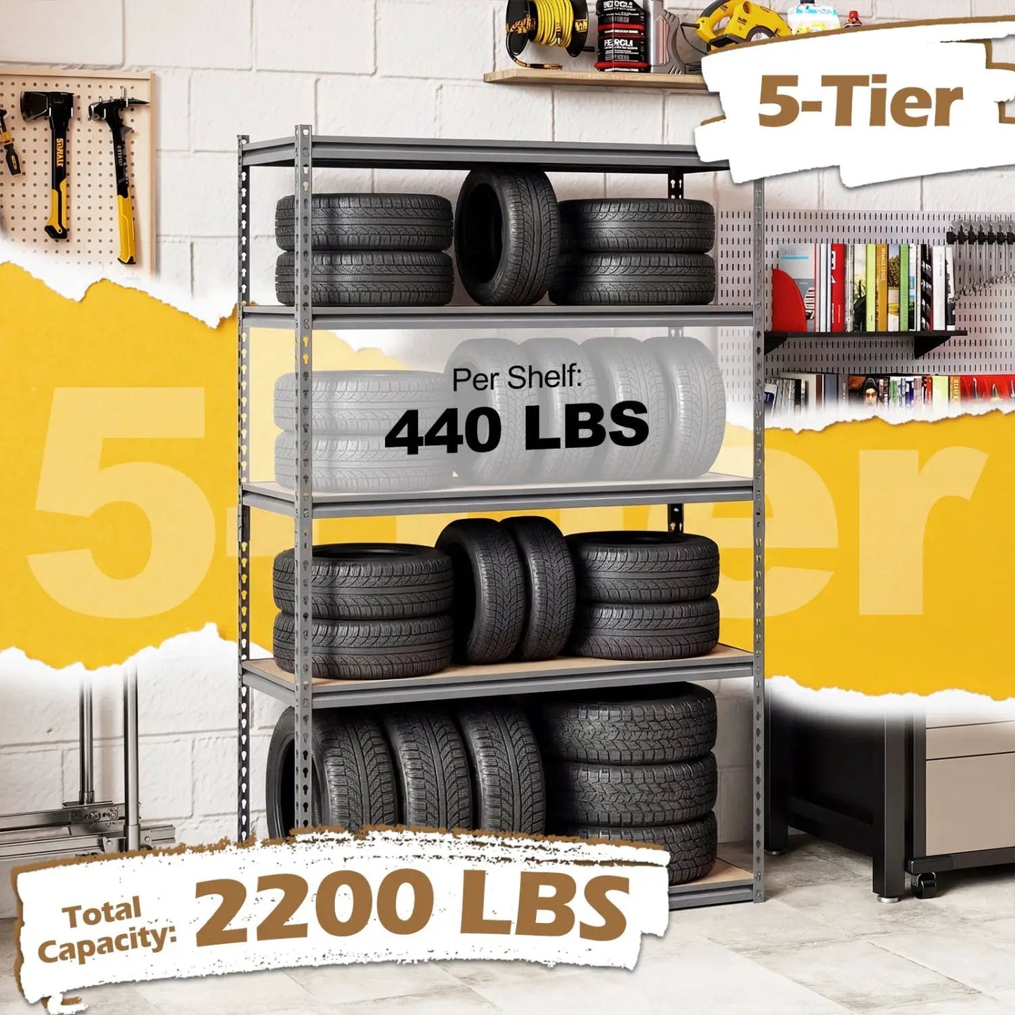 Five Tier Garage Shelving Unit 2200 Lbs Capacity