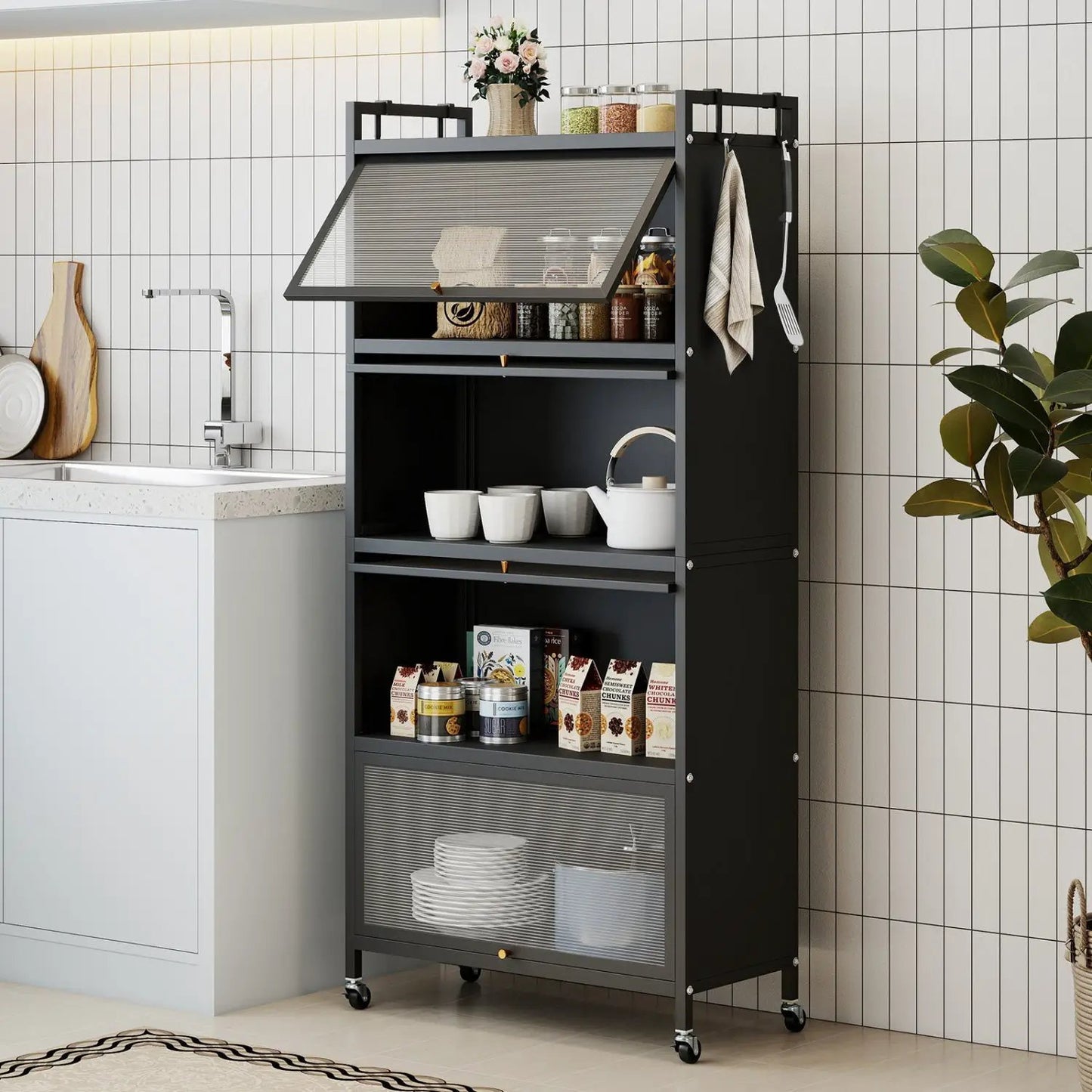 5-Tier Kitchen Storage Cabinet on Wheels, White
