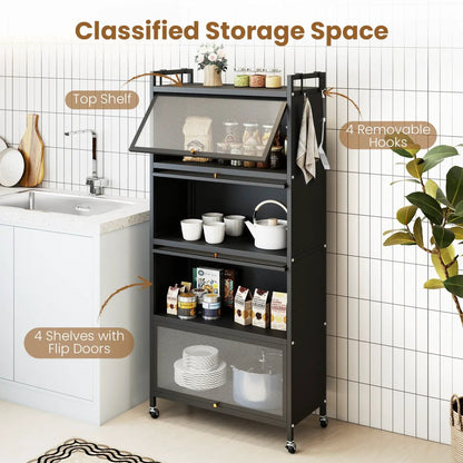 5-Tier Kitchen Storage Cabinet on Wheels, White