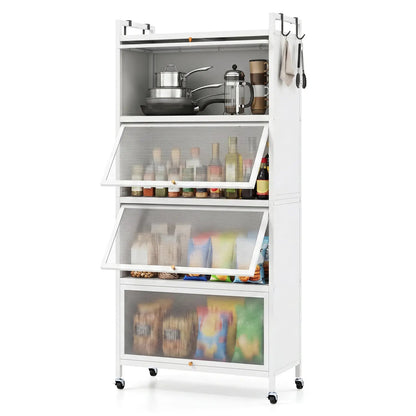 5-Tier Kitchen Storage Cabinet on Wheels, White