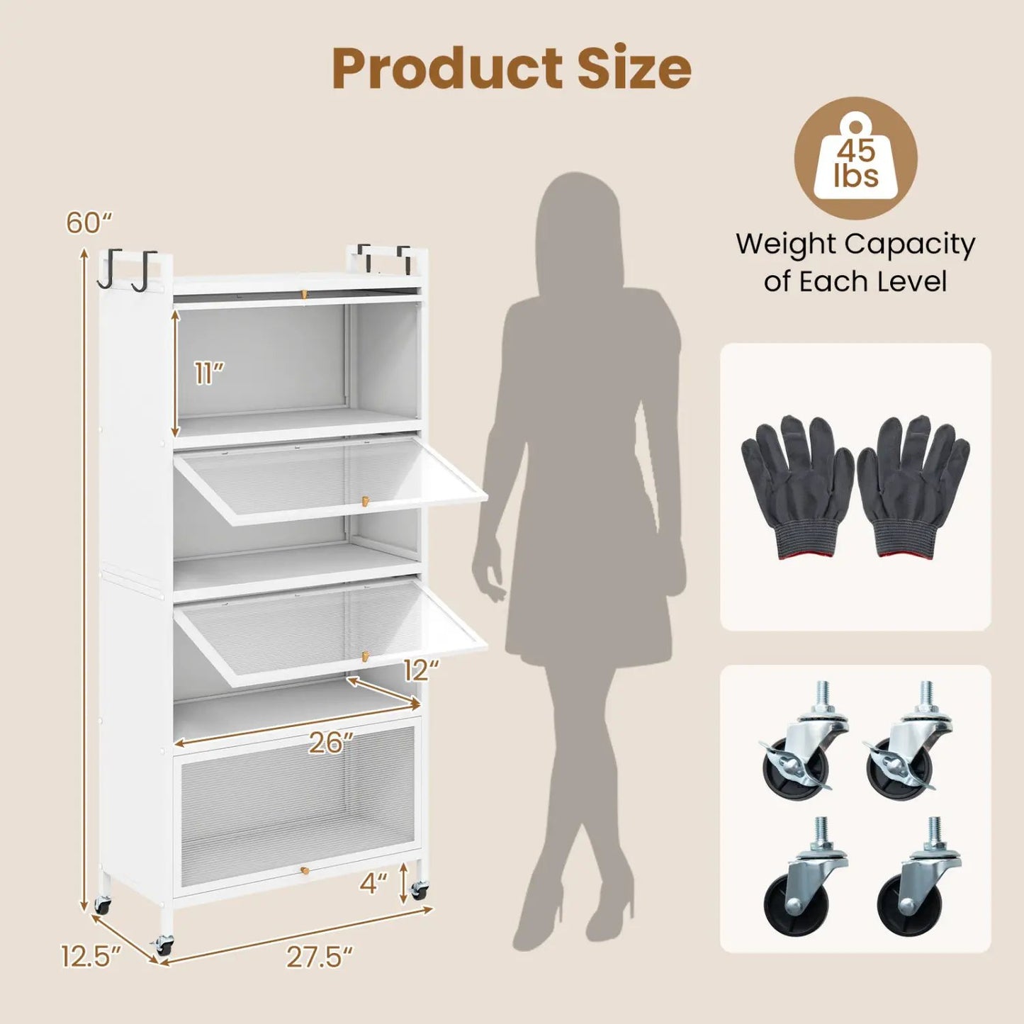 5-Tier Kitchen Storage Cabinet on Wheels, White