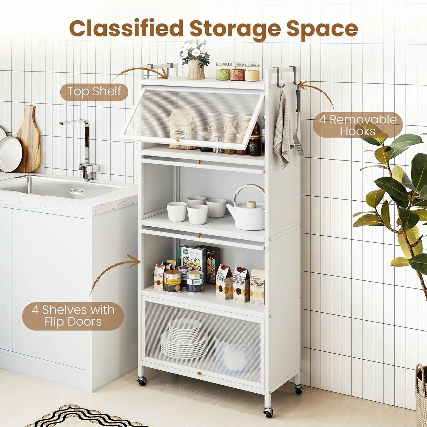 5-Tier Kitchen Storage Cabinet on Wheels, White