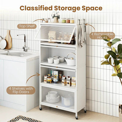 5-Tier Kitchen Storage Cabinet on Wheels, White