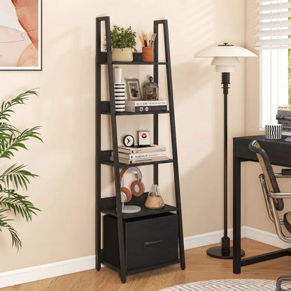 5-Tier Ladder Bookshelf With Fabric Drawer