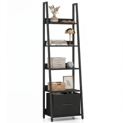 5-Tier Ladder Bookshelf With Fabric Drawer