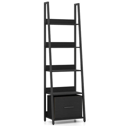 5-Tier Ladder Bookshelf With Fabric Drawer