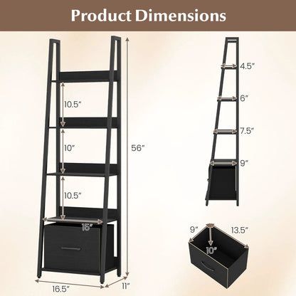 5-Tier Ladder Bookshelf With Fabric Drawer