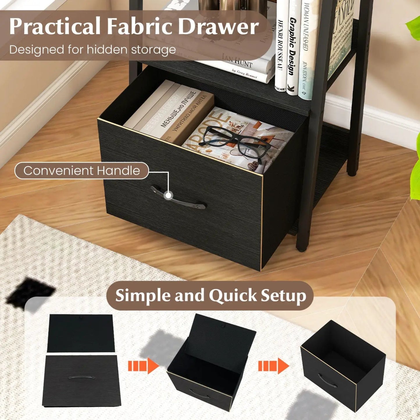 5-Tier Ladder Bookshelf With Fabric Drawer