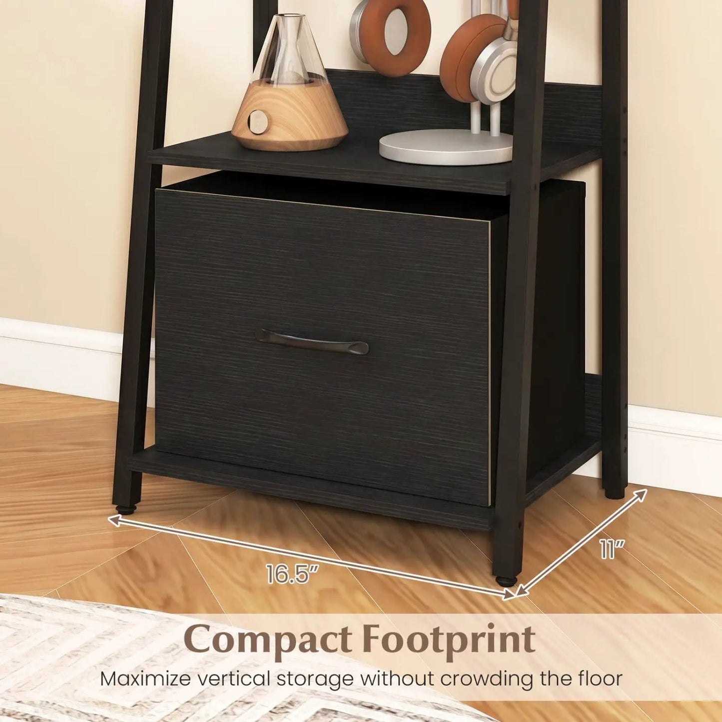 5-Tier Ladder Bookshelf With Fabric Drawer