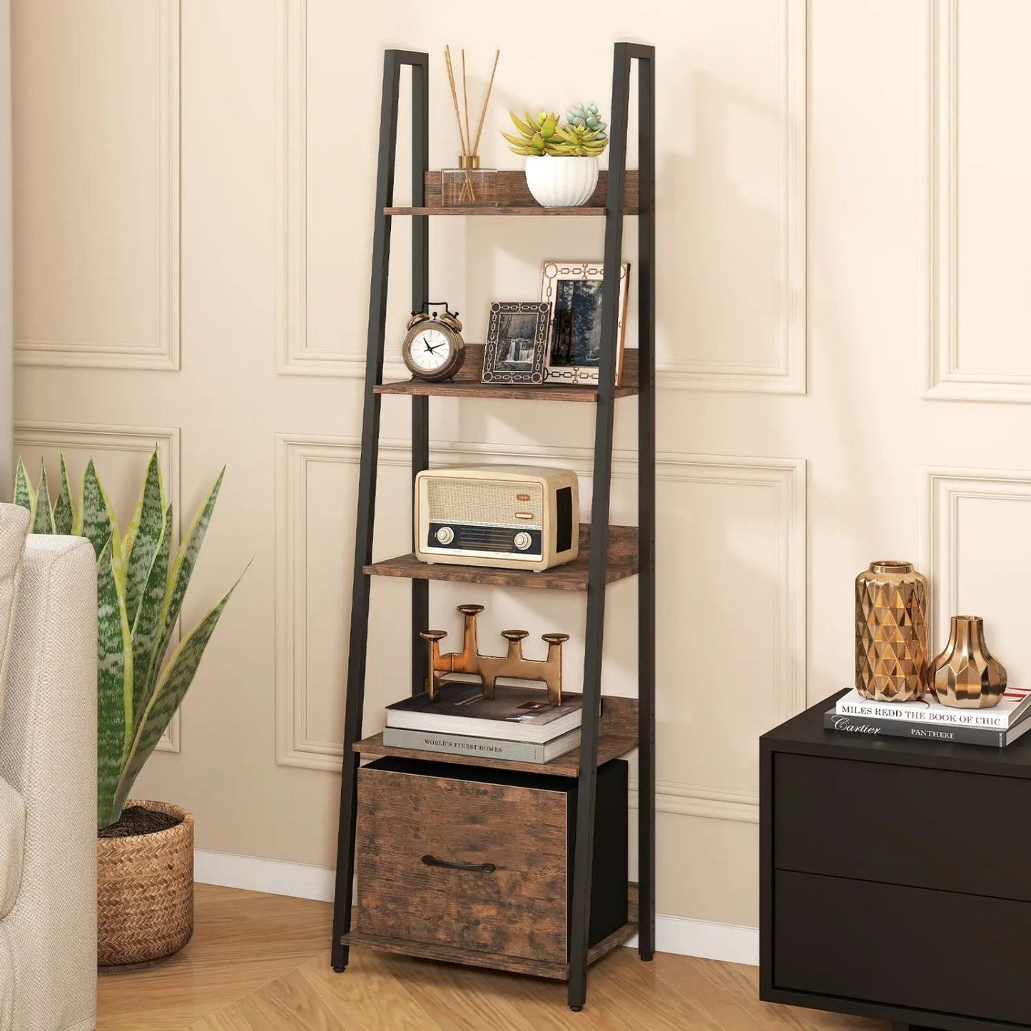 5-Tier Ladder Bookshelf With Fabric Drawer
