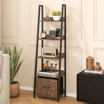 5-Tier Ladder Bookshelf With Fabric Drawer