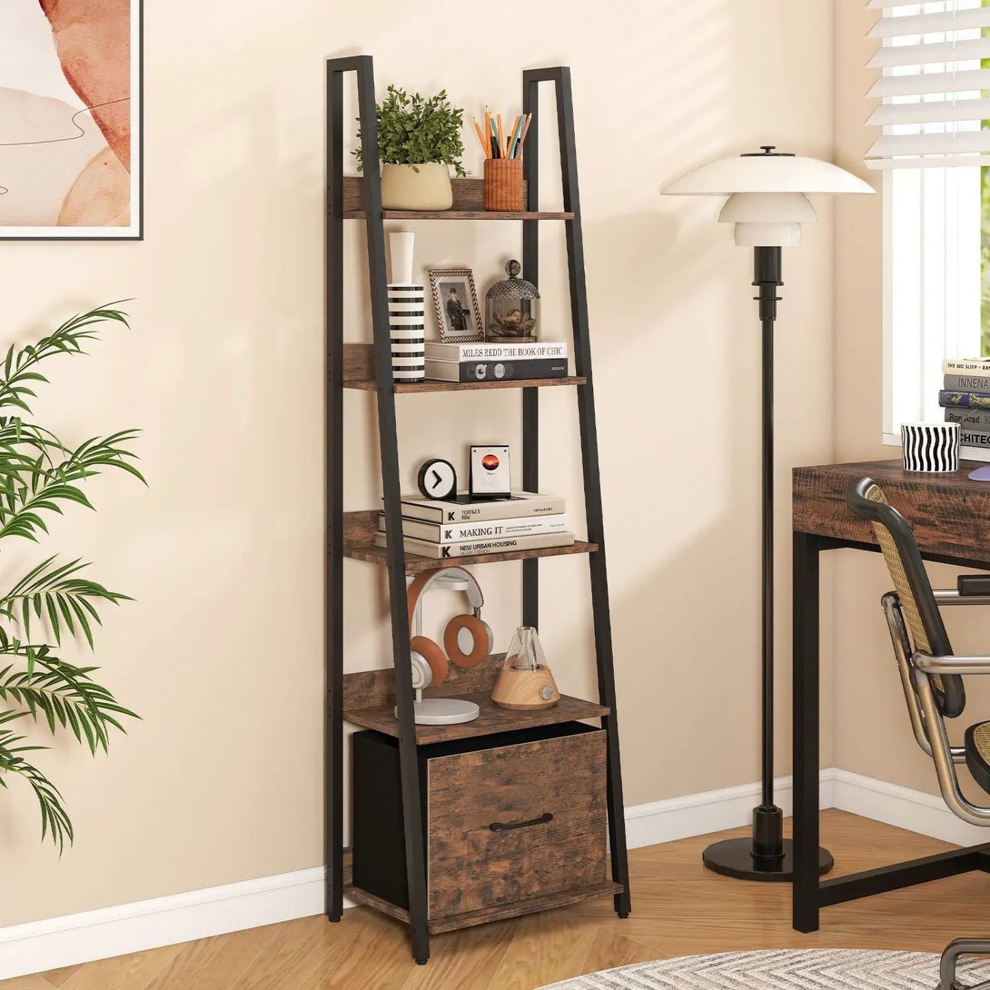 5-Tier Ladder Bookshelf With Fabric Drawer