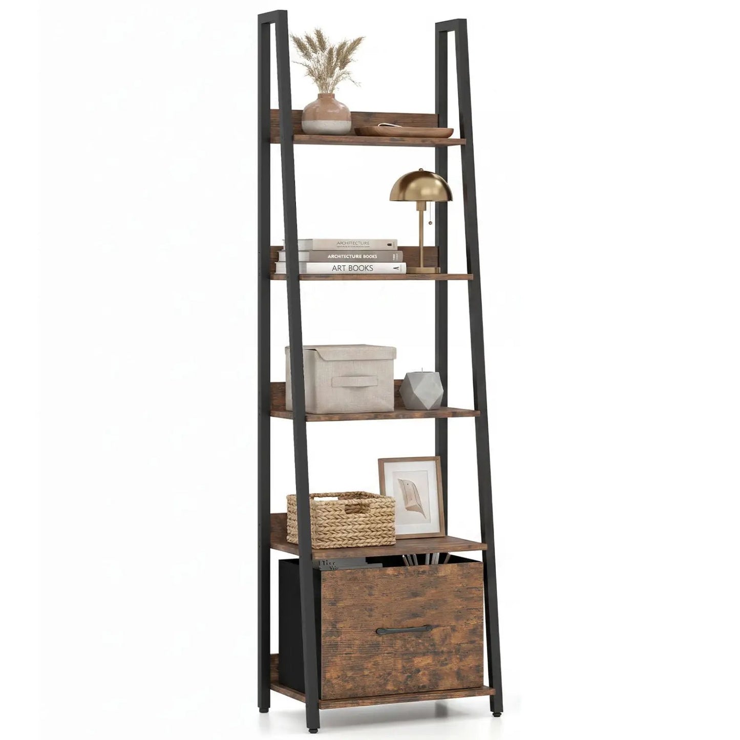 5-Tier Ladder Bookshelf With Fabric Drawer