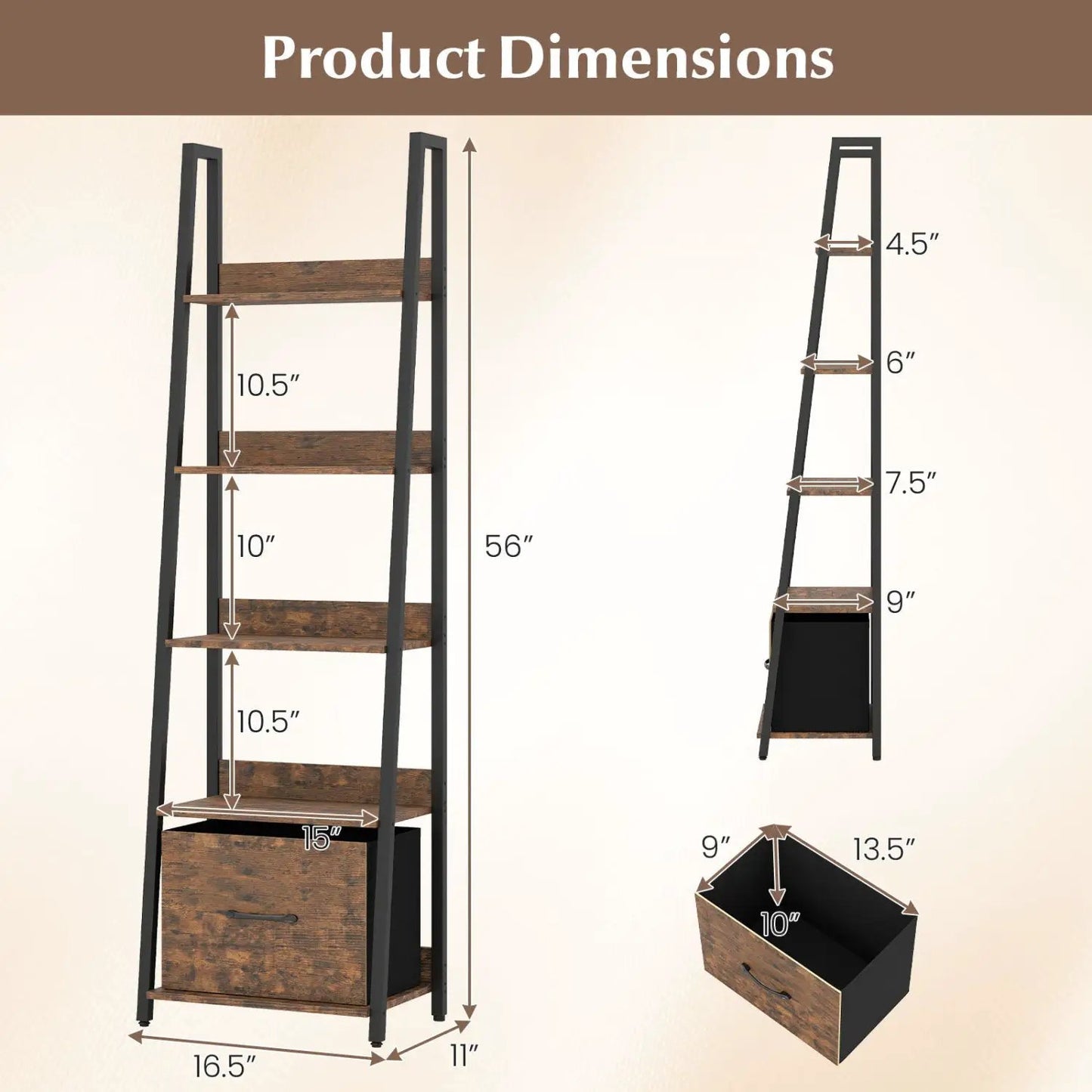 5-Tier Ladder Bookshelf With Fabric Drawer