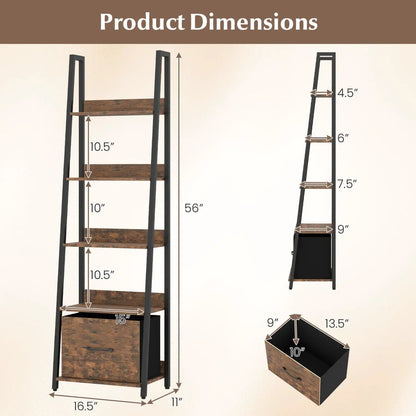 5-Tier Ladder Bookshelf With Fabric Drawer
