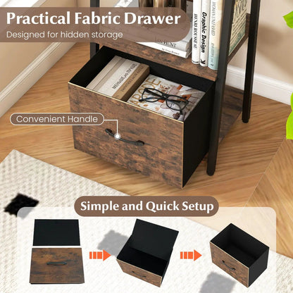 5-Tier Ladder Bookshelf With Fabric Drawer