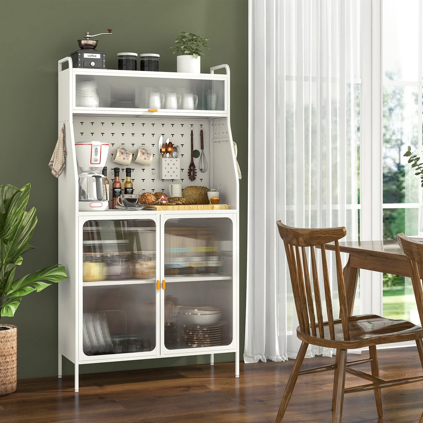 Estante de panadero de metal de 5 niveles con puerta abatible transparente y tablero perforado - Blanco