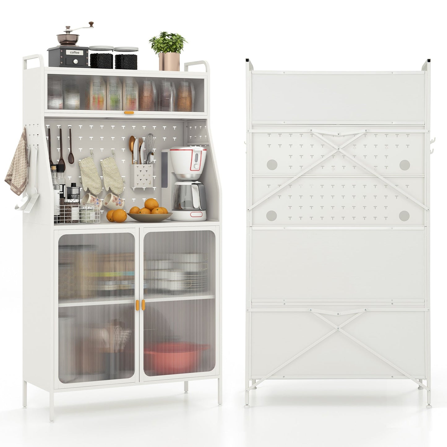 Estante de panadero de metal de 5 niveles con puerta abatible transparente y tablero perforado - Blanco