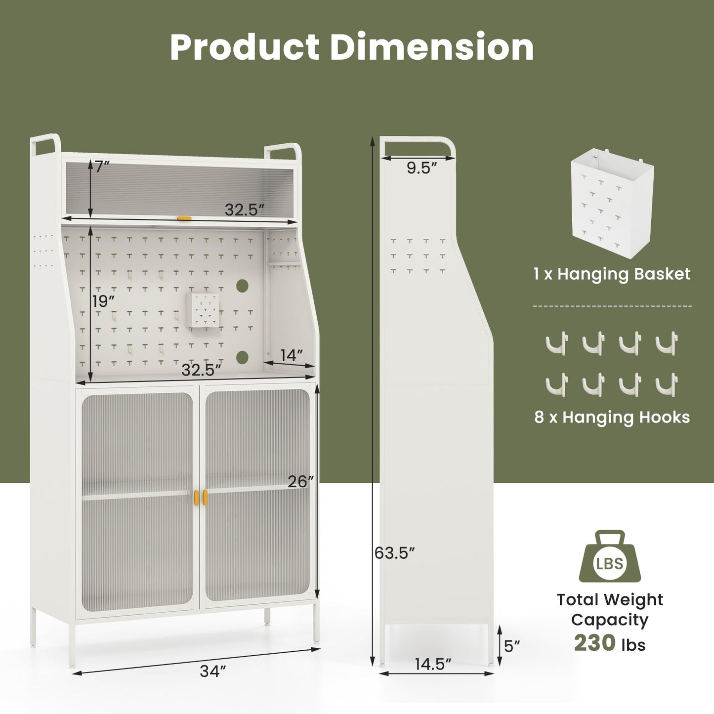 Estante de panadero de metal de 5 niveles con puerta abatible transparente y tablero perforado - Blanco