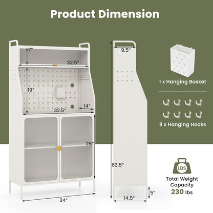 Estante de panadero de metal de 5 niveles con puerta abatible transparente y tablero perforado - Blanco