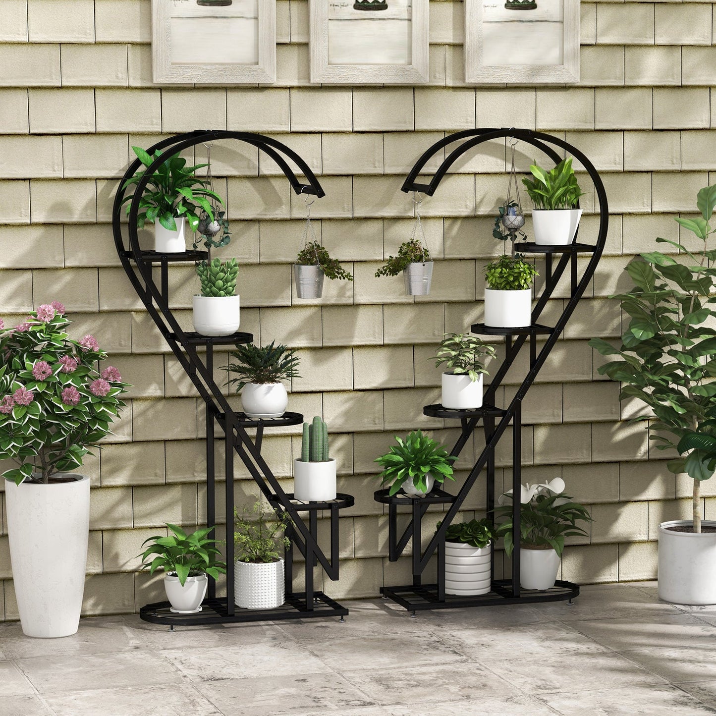 Estante metálico de 5 niveles para plantas con gancho colgante para varias plantas - Negro