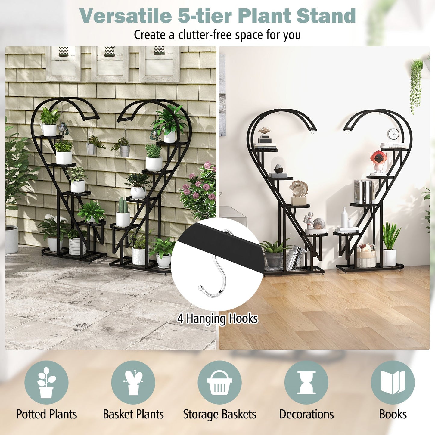 Estante metálico de 5 niveles para plantas con gancho colgante para varias plantas - Negro