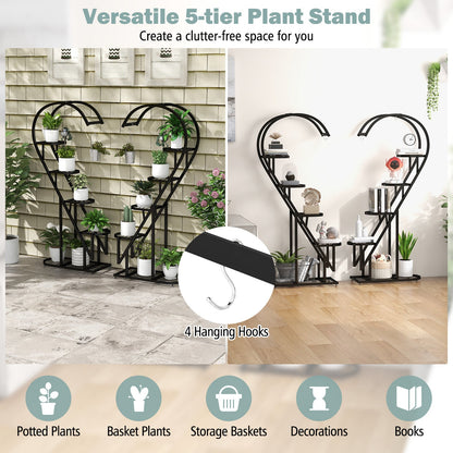 Estante metálico de 5 niveles para plantas con gancho colgante para varias plantas - Negro