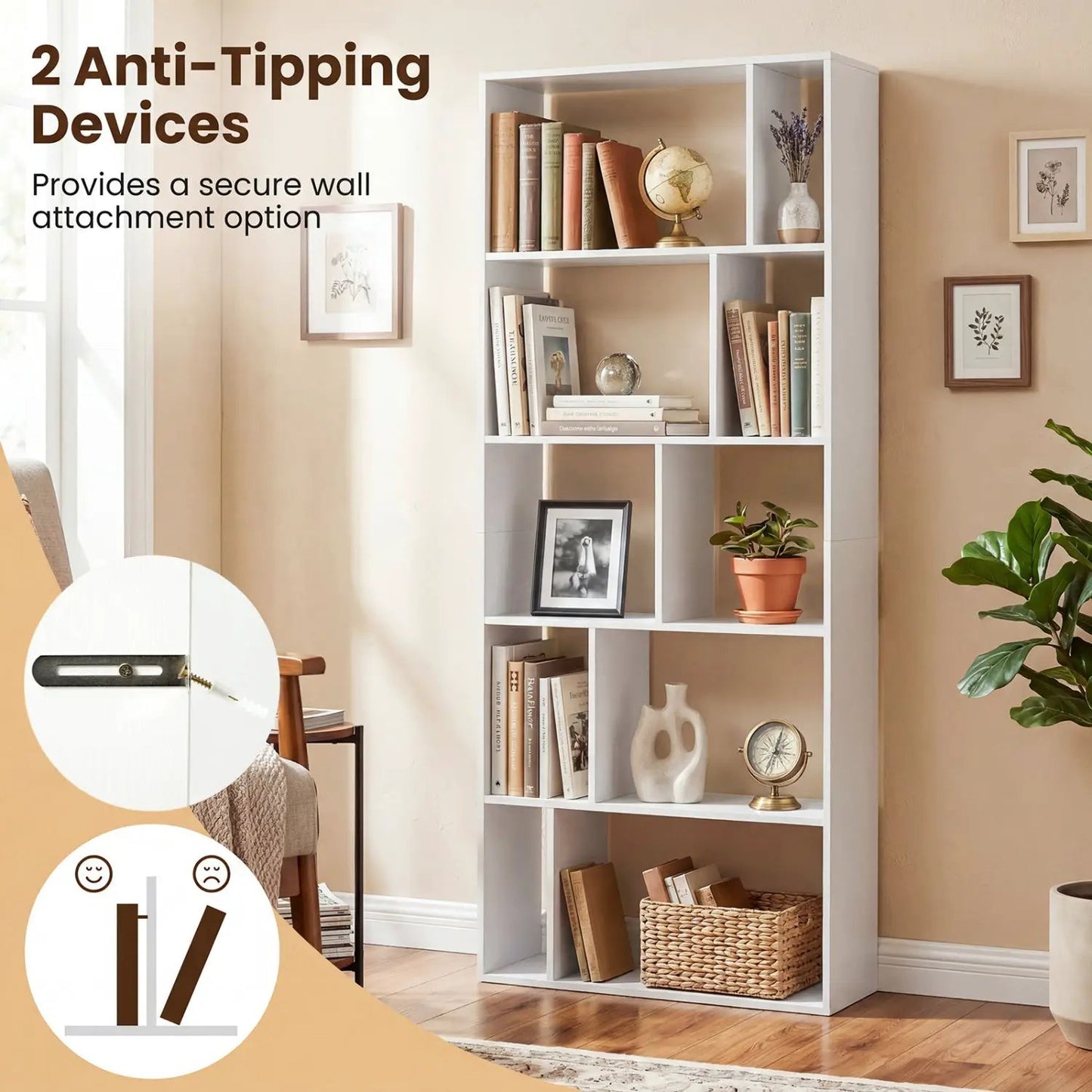 5-Tier Bookshelf with Open Back and Anti-Tipping