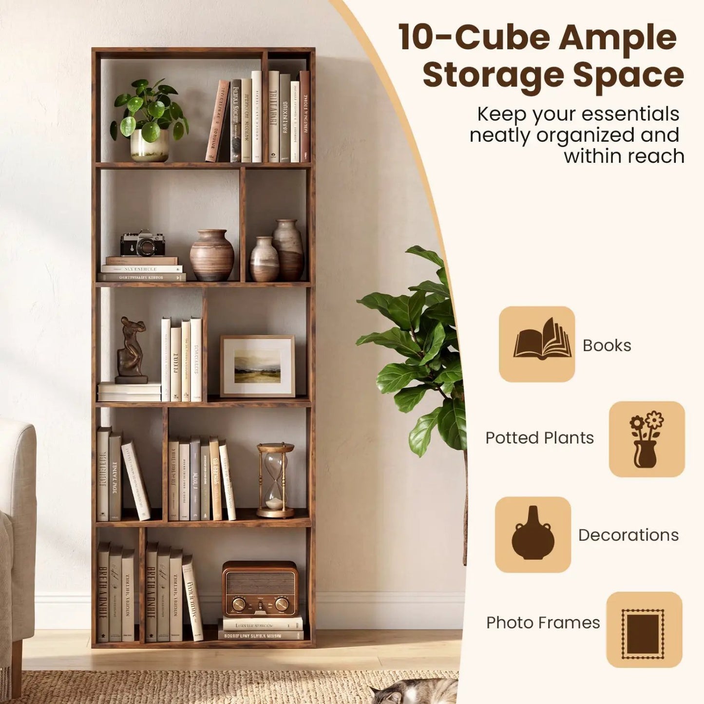 5-Tier Bookshelf with Open Back and Anti-Tipping