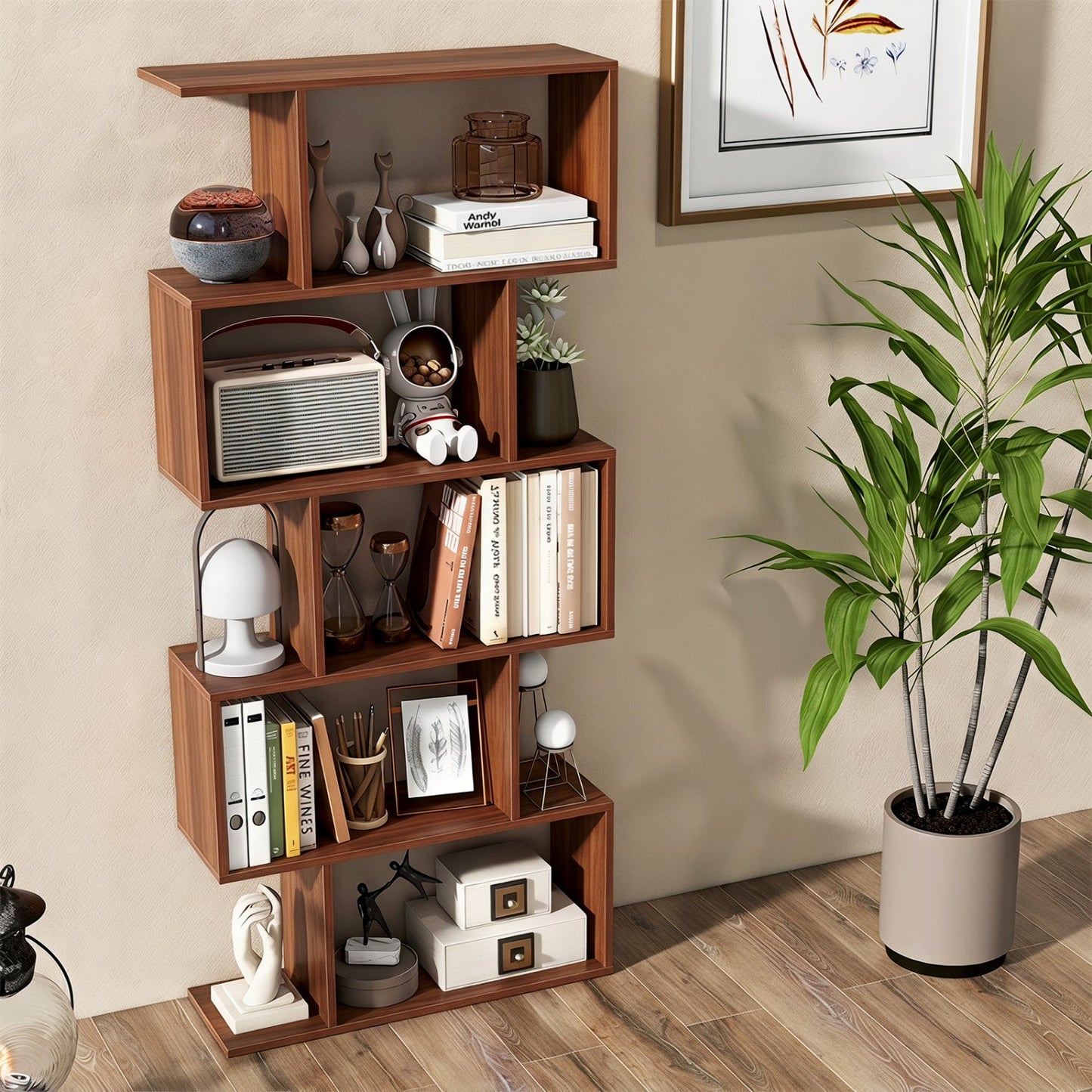 5-Tier S-Shaped Bookshelf in warm wood finish with anti-tip kit DirectDeals on Tampa Home & Garden Store