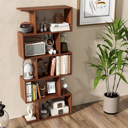 5-Tier S-Shaped Bookshelf in warm wood finish with anti-tip kit DirectDeals on Tampa Home & Garden Store