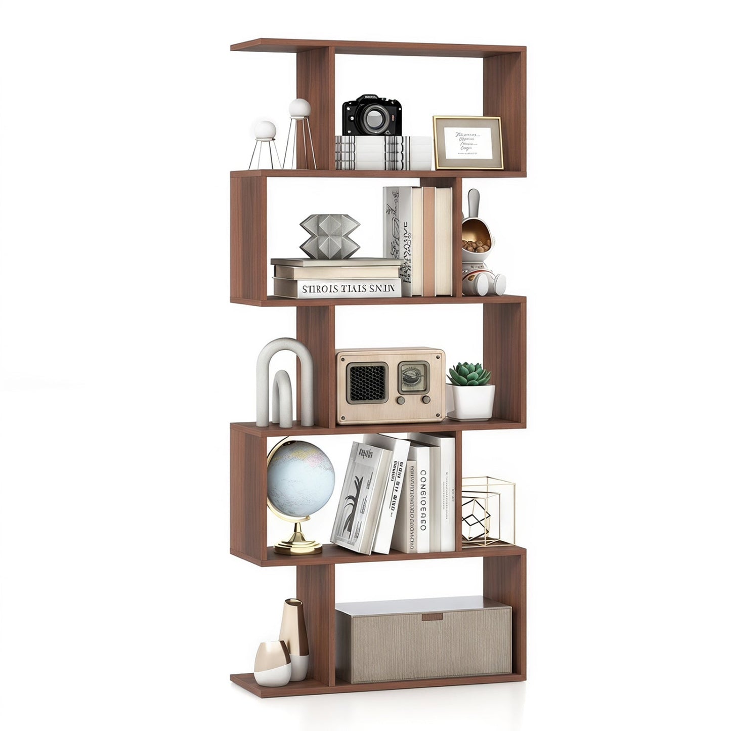 5-Tier S-Shaped Bookshelf with anti-tip kit in warm wood finish, DirectDeals display unit on Tampa Home & Garden Store
