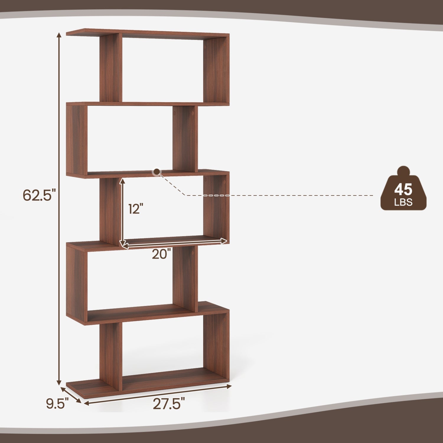 5-Tier S-Shaped Bookshelf in dark wood finish with anti-tip kit by DirectDeals on Tampa Home & Garden Store
