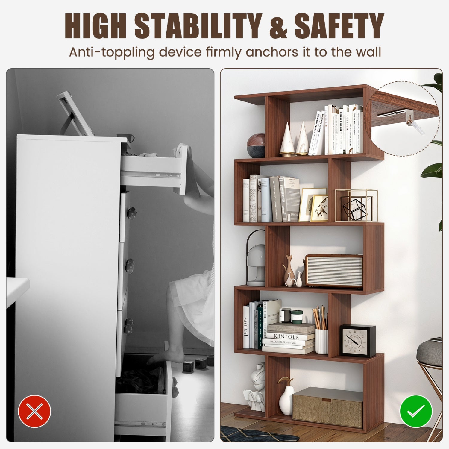 5-Tier S-Shaped Bookshelf with Anti-Tip Kit by DirectDeals, brown wood finish filled with books on Tampa Home & Garden Store