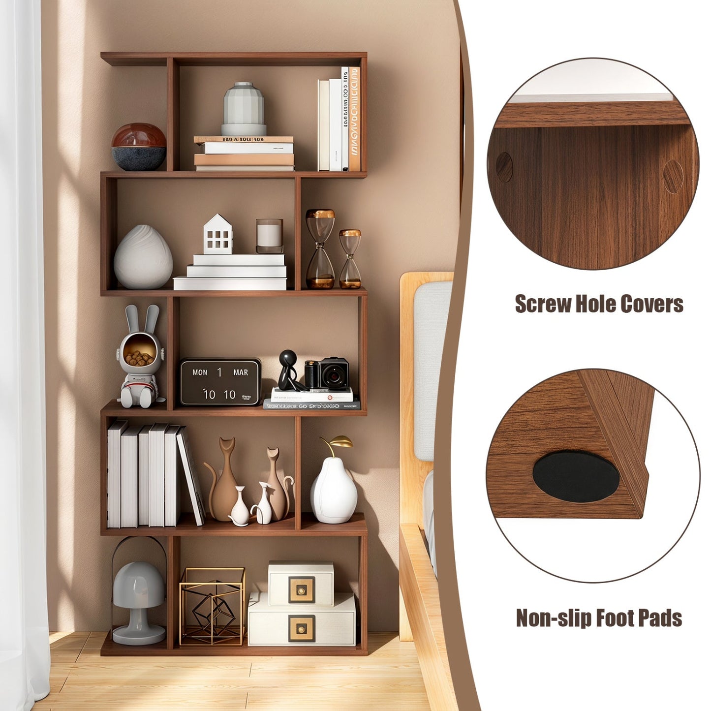 5-Tier S-Shaped Bookshelf by DirectDeals in brown wood with anti-tip kit and non-slip foot pads on Tampa Home & Garden Store