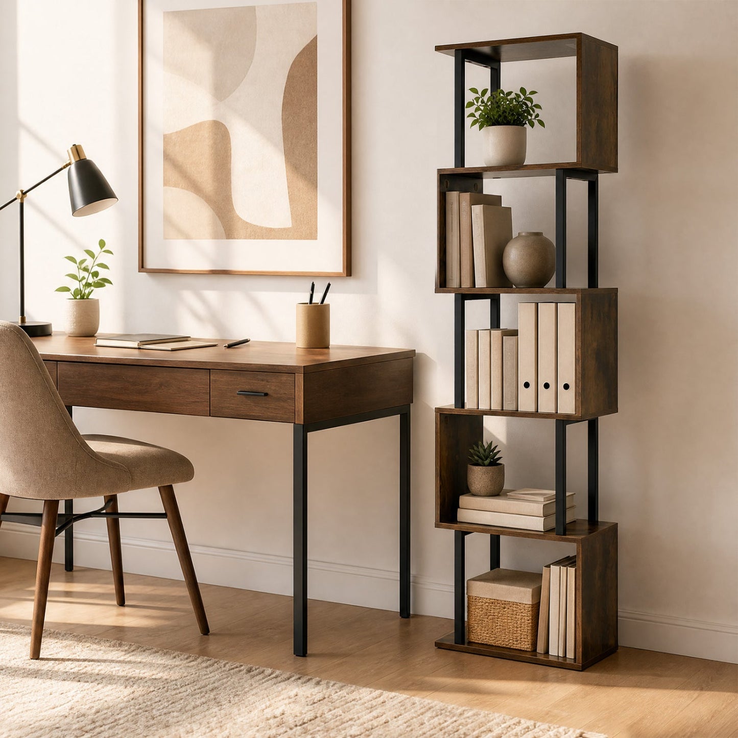 5-Tier S-Shaped Bookcase with open cube shelves in dark wood finish and black metal frame on Tampa Home & Garden Store