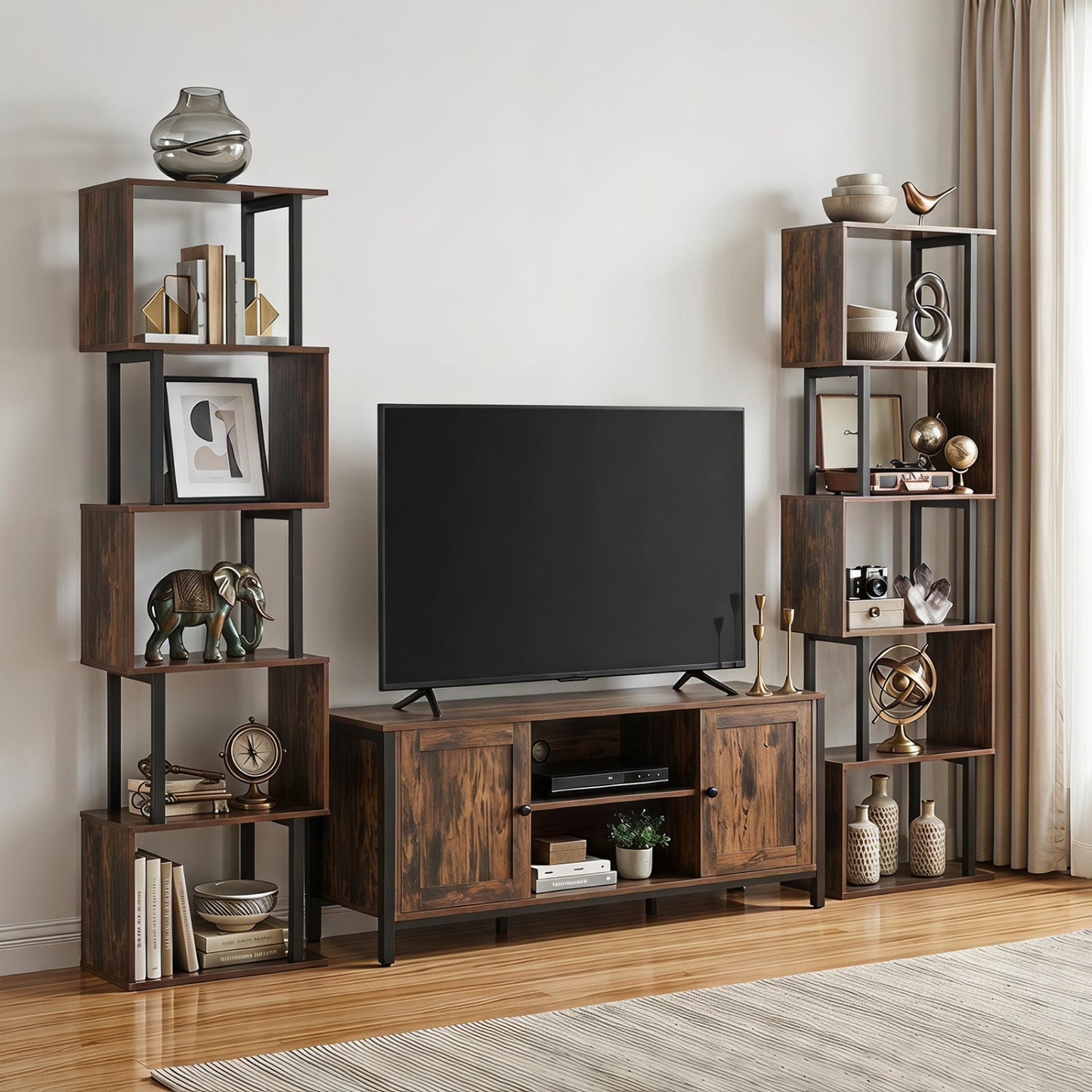 5-Tier S-Shaped DirectDeals bookshelf set with open cubes in dark wood and metal frame on Tampa Home & Garden Store