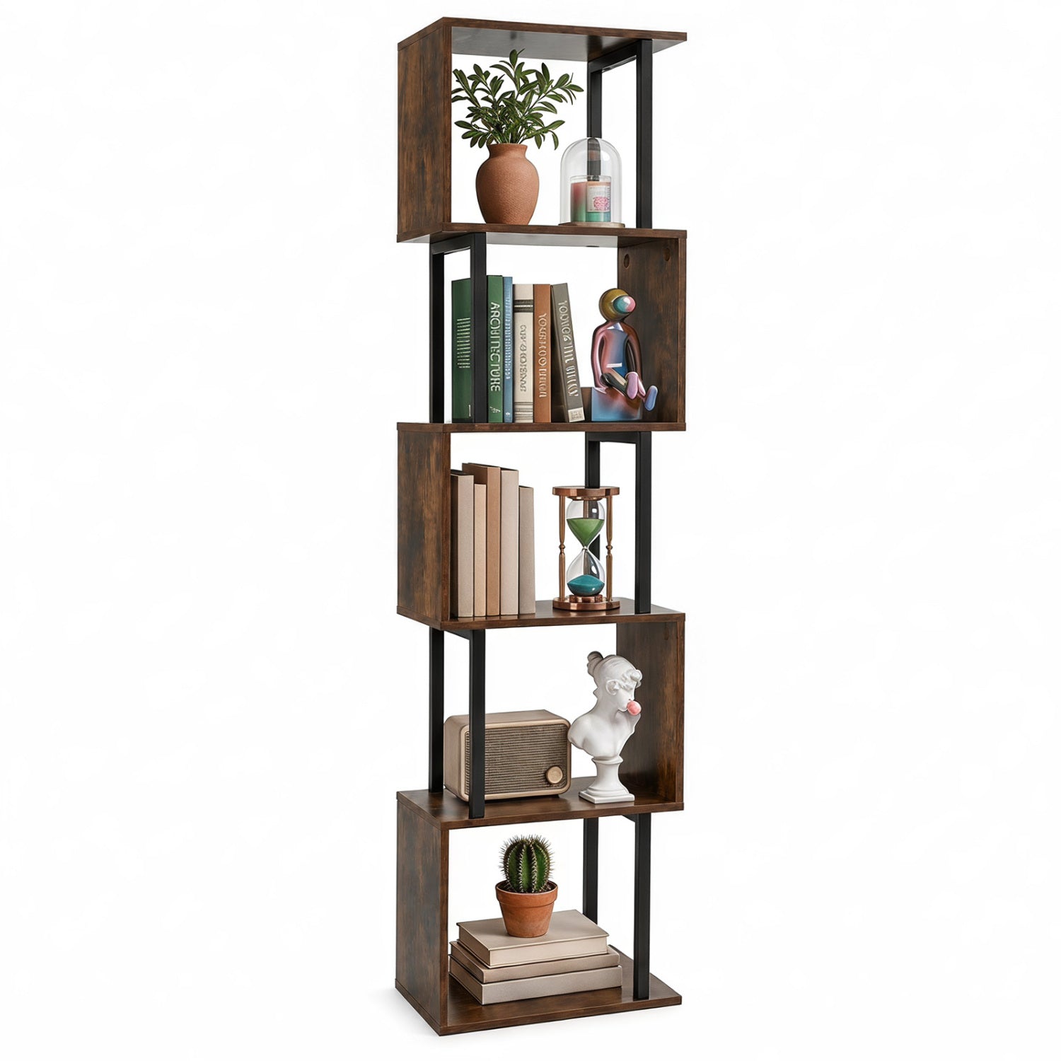 5-Tier S-Shaped Bookcase with warm brown wood and black metal frame DirectDeals anti-tip kit on Tampa Home & Garden Store